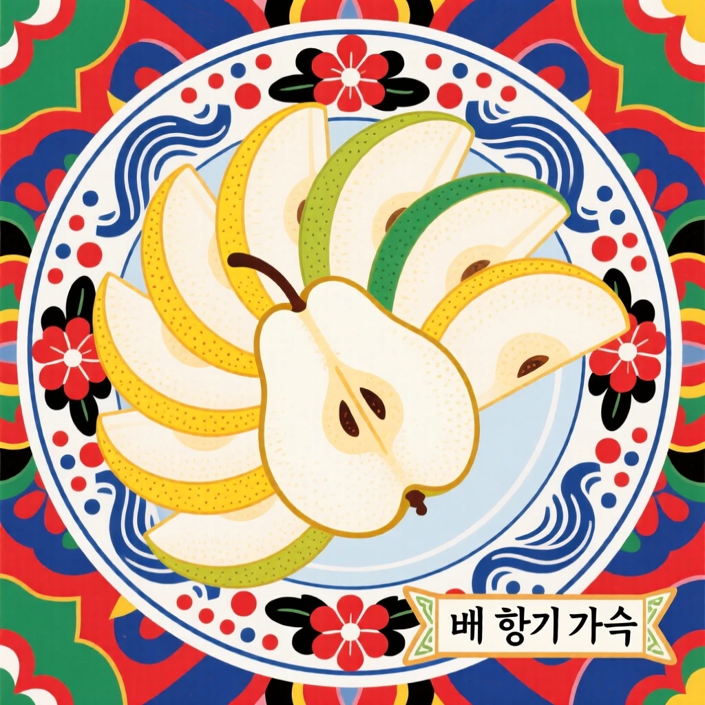 A plate of thinly sliced pear arranged in a fan shape.