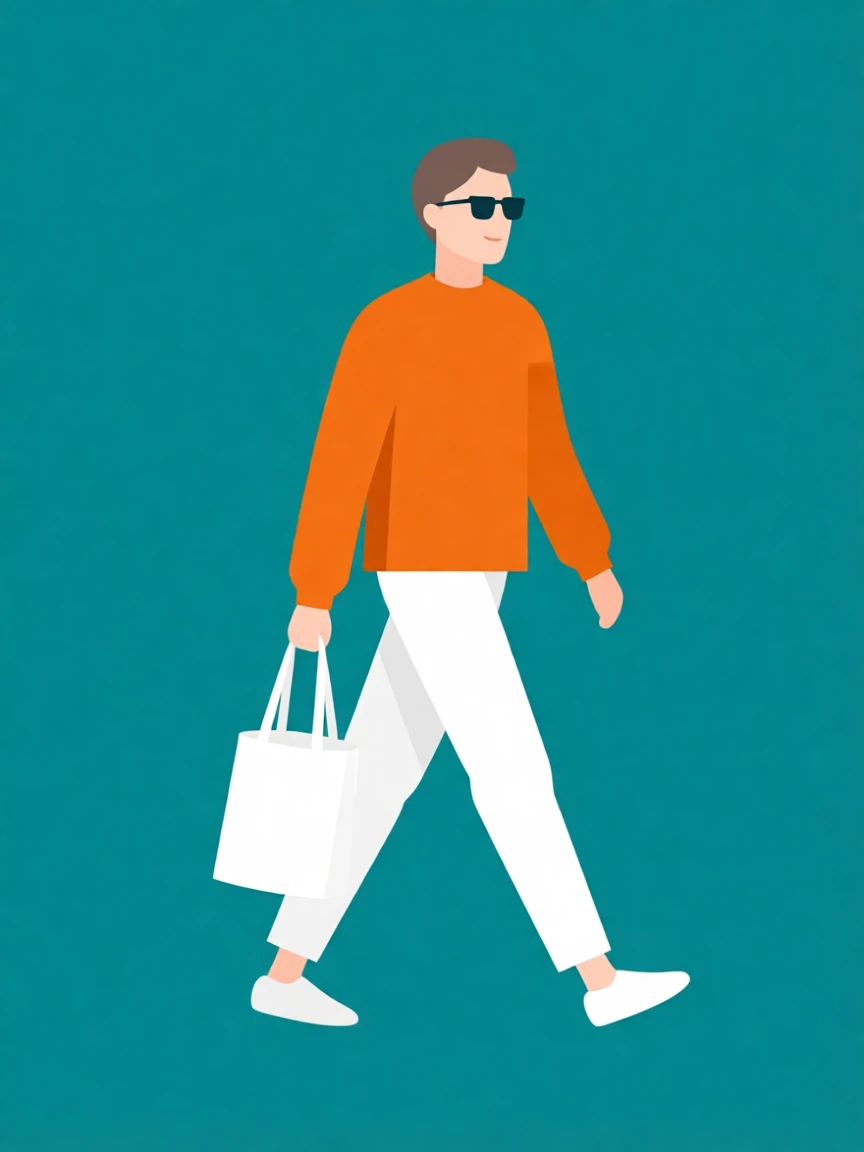 Trendy illustration of a person in an orange sweater and white pants, walking with a tote bag and sunglasses against a teal background.