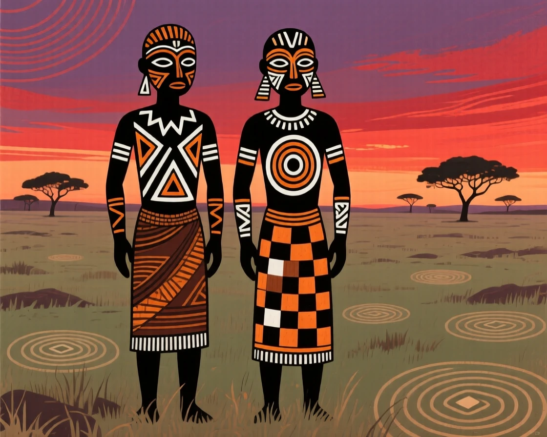 A wide savanna plain reflecting the fiery colors of dusk.