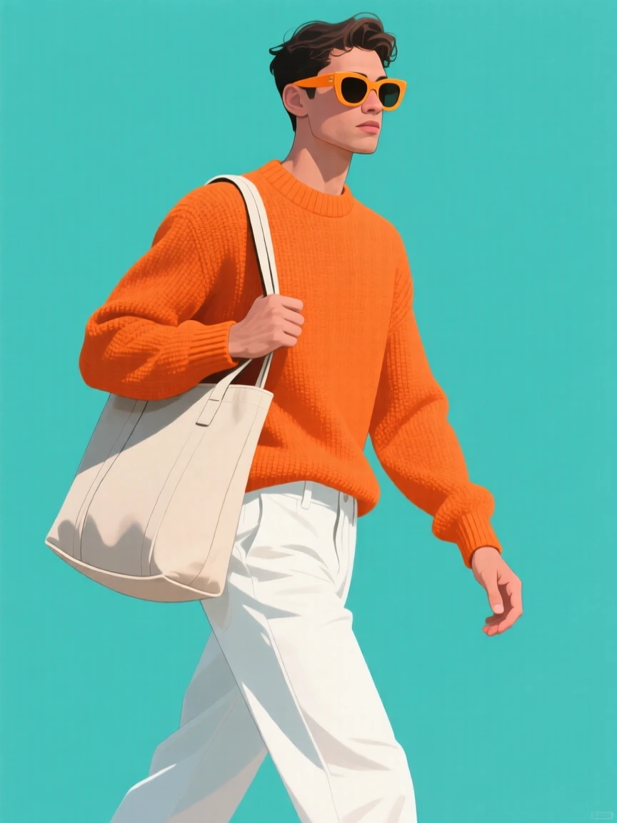 Trendy illustration of a person in an orange sweater and white pants, walking with a tote bag and sunglasses against a teal background.