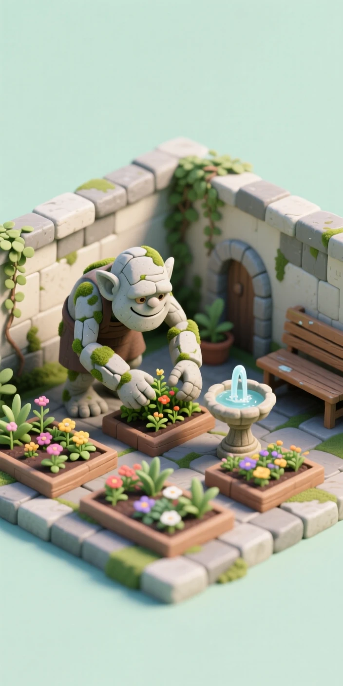 A friendly golem tending a garden in a hidden courtyard, moss growing gently across its stone shoulders.