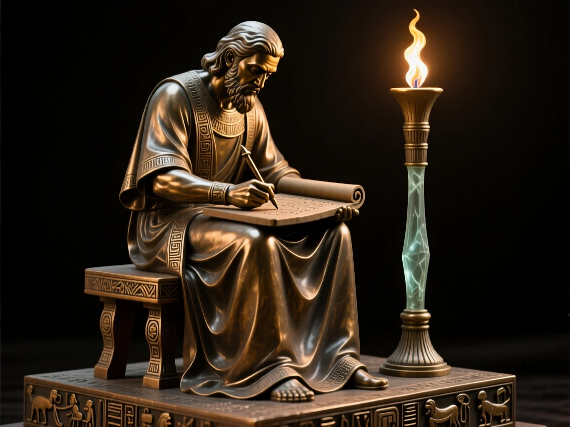 An ancient scribe recording history by torchlight, with rich period detail and grandeur, evoking legend and timeless drama