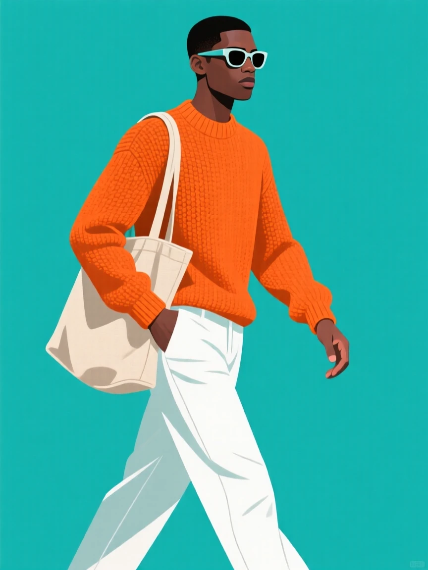 Trendy stylized illustration of a person in an orange sweater and white pants, walking with a tote bag and sunglasses against a teal background.