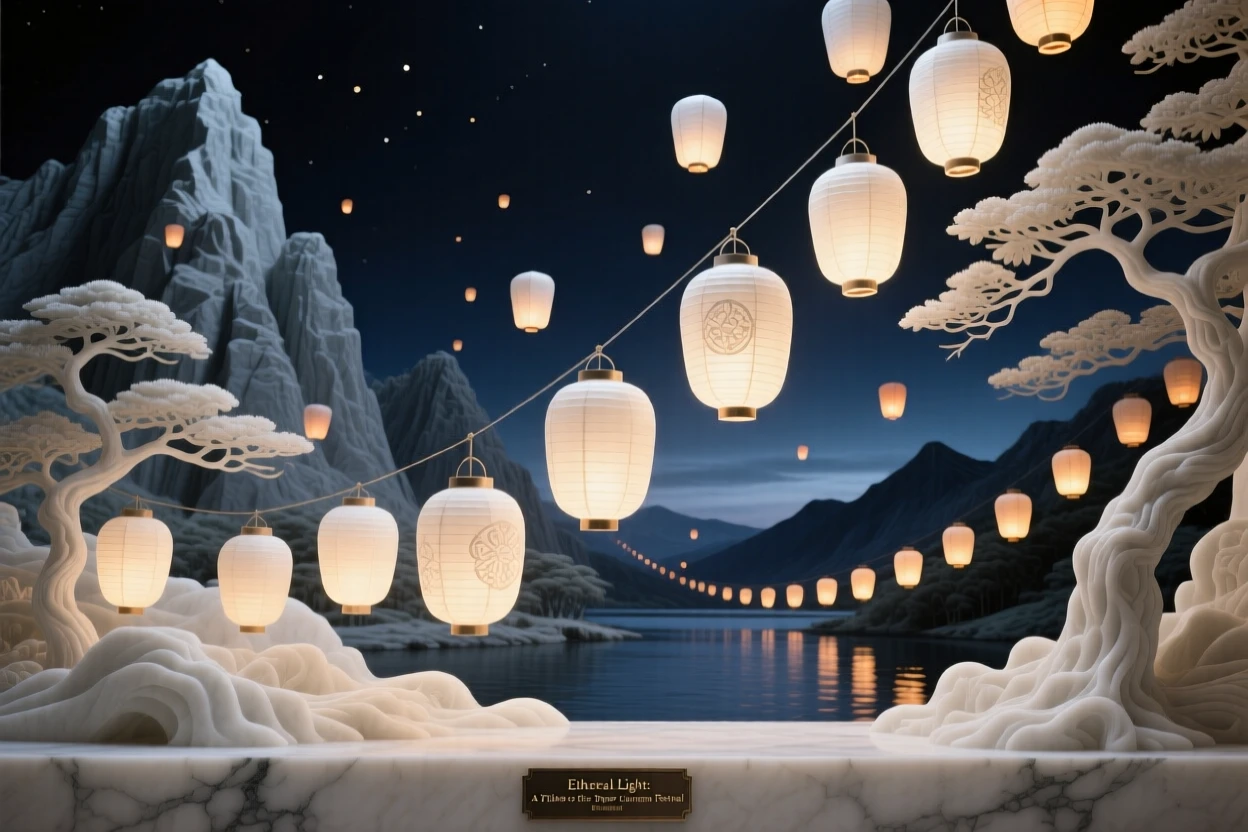 An evocative depiction of a paper lantern festival lighting up the night sky, framed by dramatic natural scenery, balancing detail with emotional depth