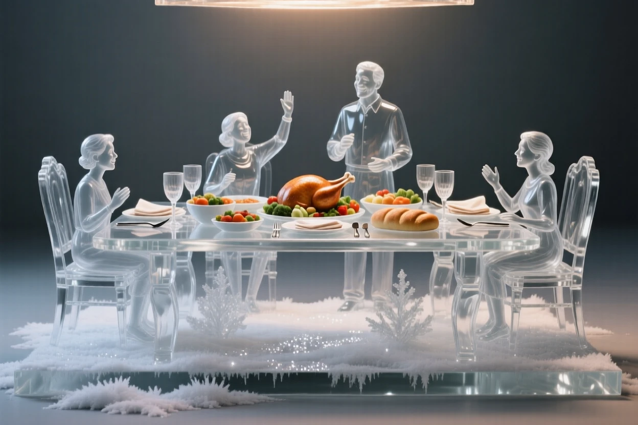 A table set for a festive holiday feast with family gathered around as frost begins to sparkle across the ground