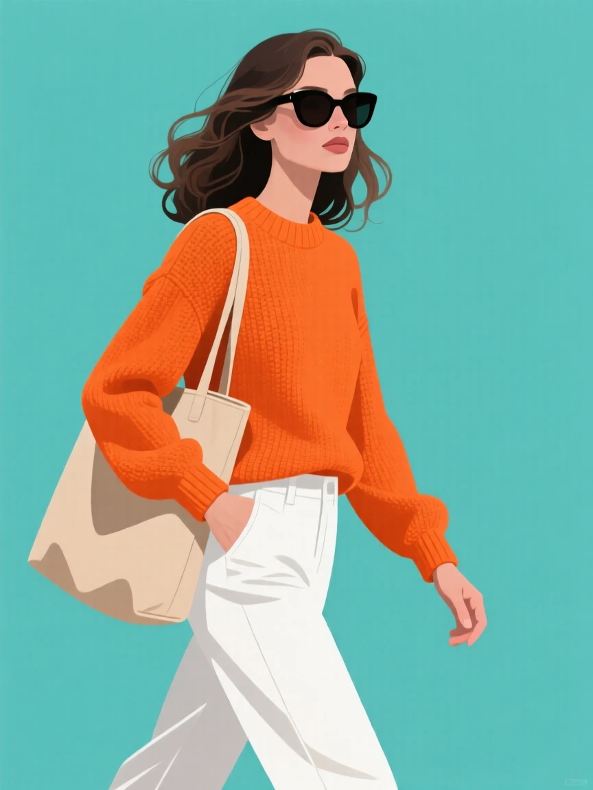 Trendy stylized illustration of a woman in an orange sweater and white pants, walking with a tote bag and sunglasses against a teal background.