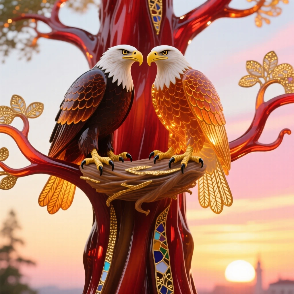 A pair of eagles nesting together atop a towering redwood at sunrise, majestic and bonded.