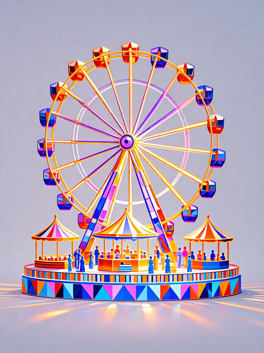 A vibrant summer carnival scene with a glowing Ferris wheel at dusk.