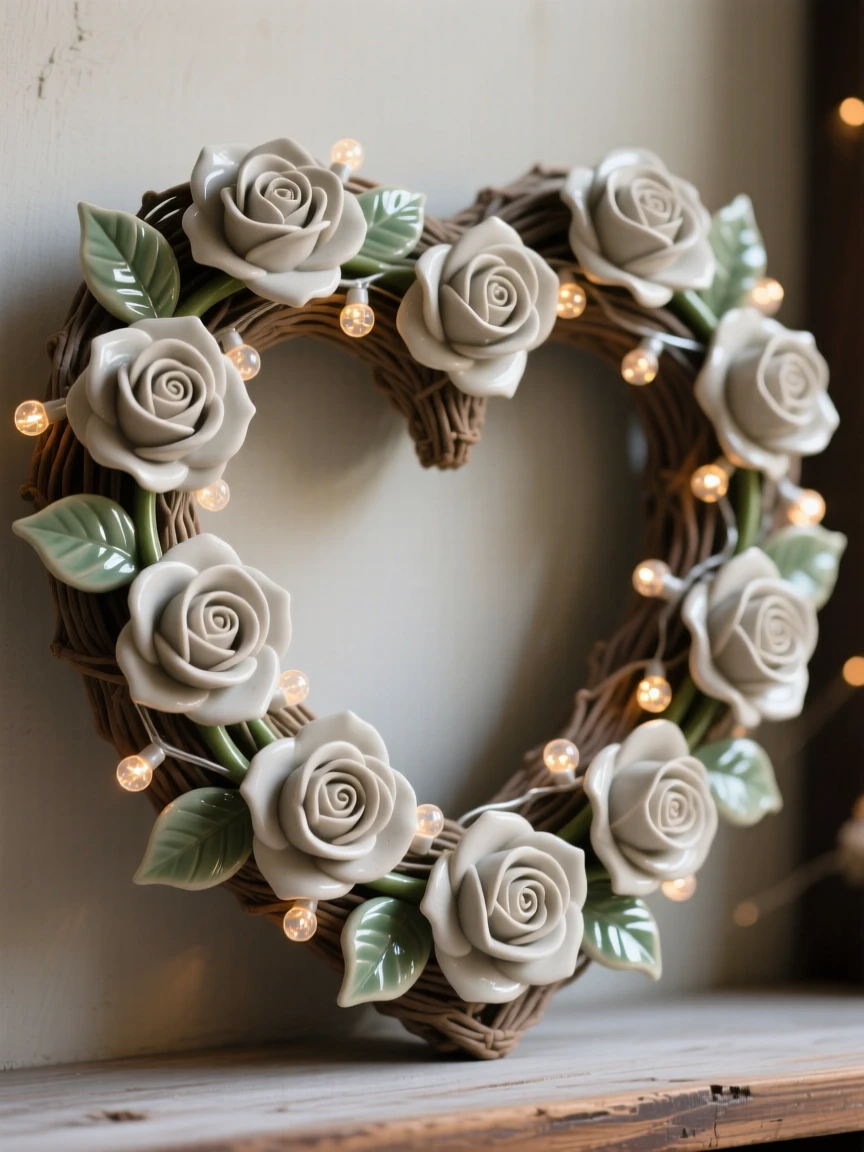 A heart-shaped wreath of roses for a loved one displayed as a heartwarming holiday accent, dotted with tiny twinkling lights, capturing the magic of a beloved seasonal moment.