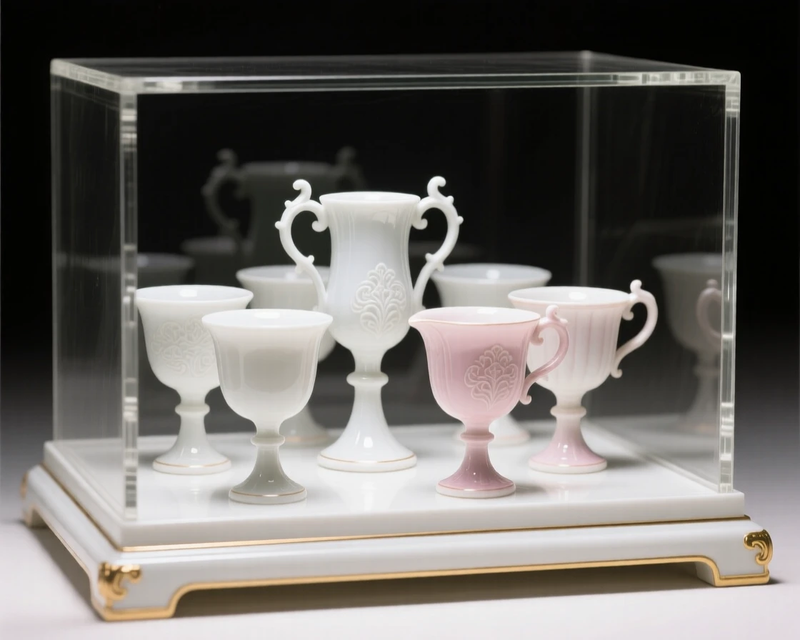 A collection of ceremonial goblets arranged in a glass display case, evoking a sense of collected treasure.