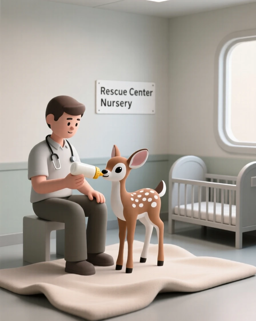 A gentle wildlife vet bottle-feeds an orphaned fawn inside a quiet rescue center nursery lined with soft blankets.