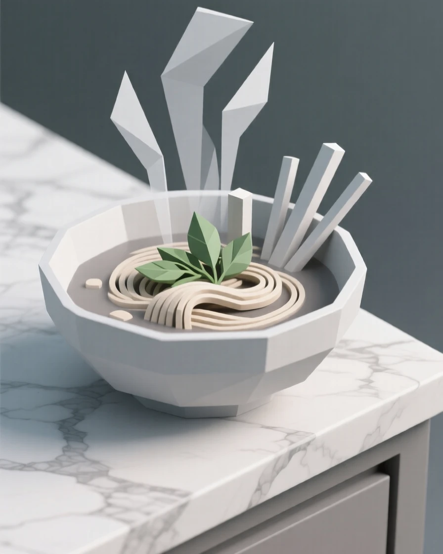 A bowl of steaming pho with fresh herbs, on a marble countertop. vibrant colors are enhanced by careful arrangement. The setting feels indulgent and delicious.