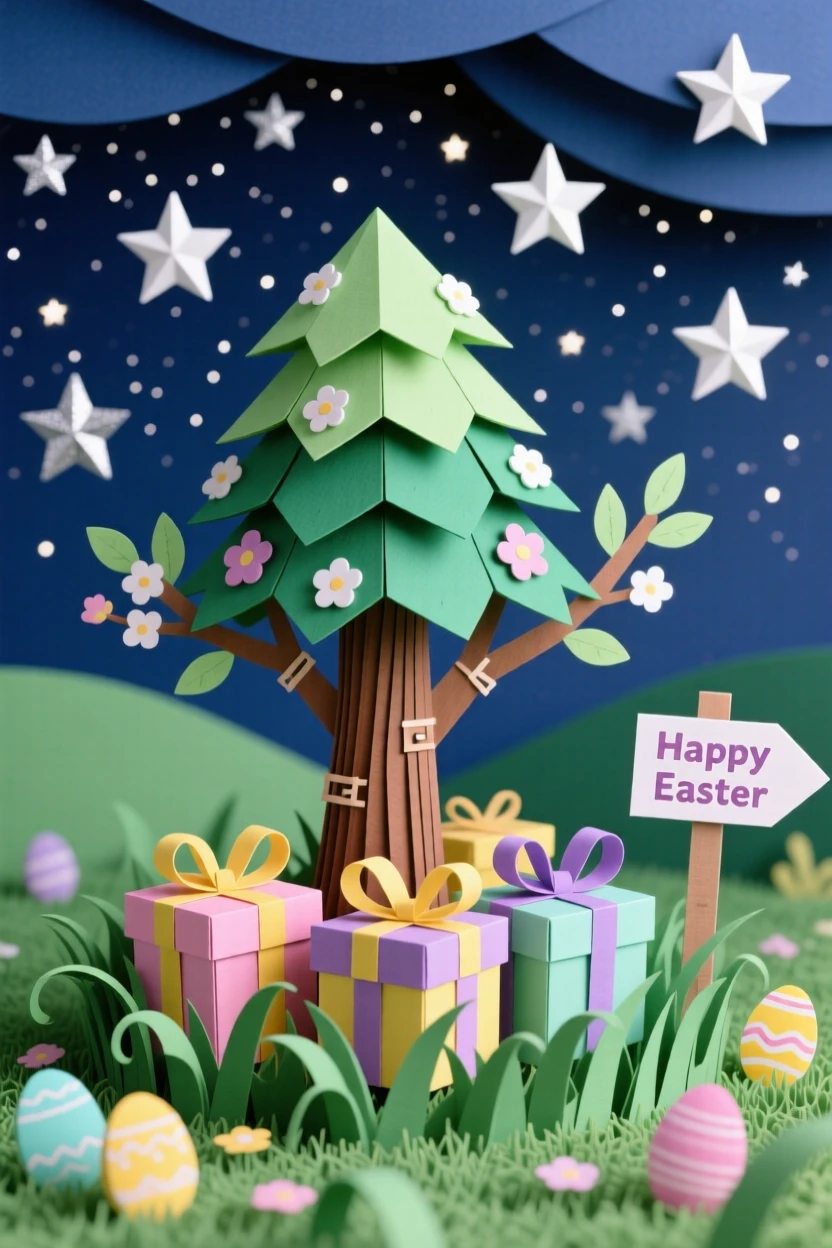 A joyful Easter garden scene glowing softly under a starry sky, with gifts wrapped neatly beneath a tree, evoking nostalgic seasonal magic.