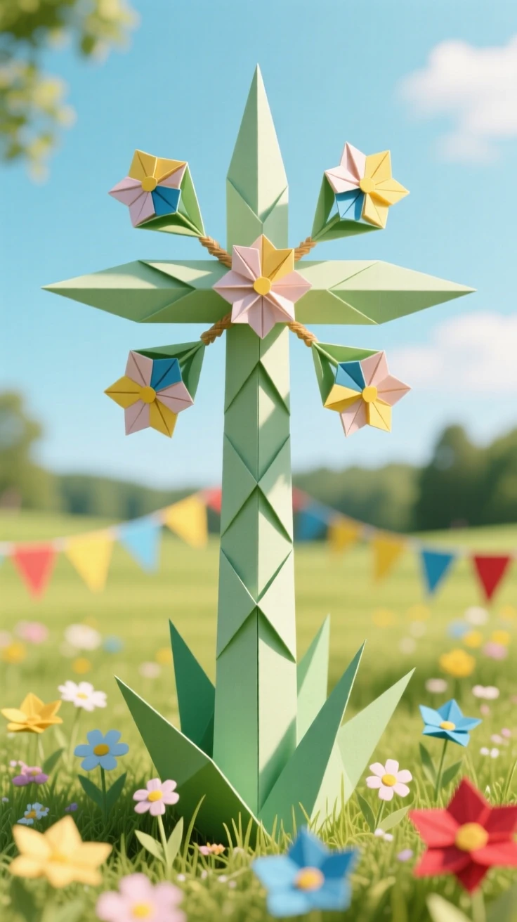 A Swedish Midsummer celebration scene with a flower-decorated maypole in a sunny meadow.