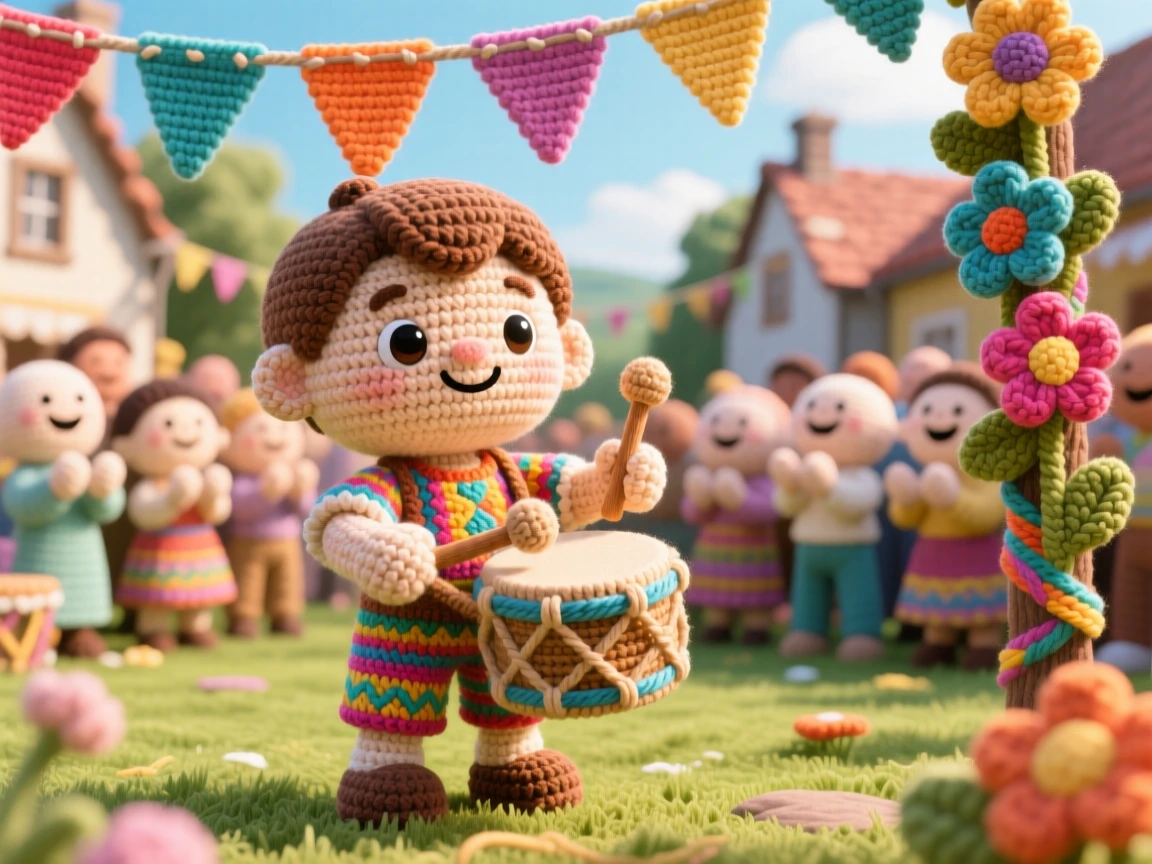 a small boy playing hand drums, at a lively street celebration, keeping rhythm with a joyful crowd, at a sunlit village green decorated with banners, with a garland of woven flowers draped nearby, radiating warm cultural pride and festive belonging.