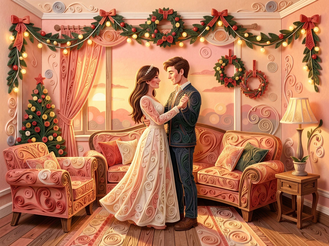 A heartwarming moment of a young couple sharing a quiet dance in their living room in a softly lit living room decorated for the holidays, in warm sunset hues of coral and gold, framed with soft bokeh in the background.