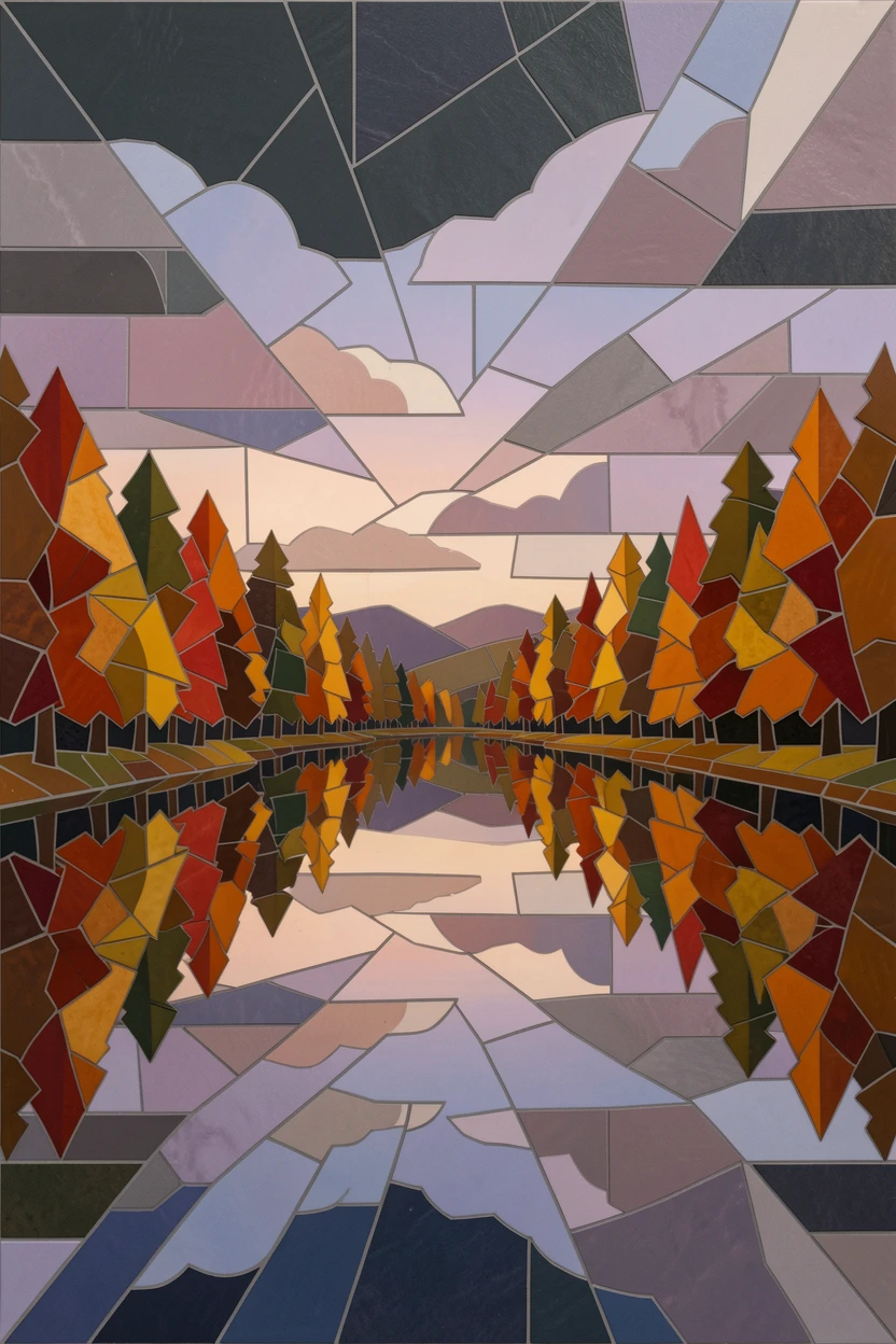 A wide panoramic view of a peaceful lake surrounded by autumn-colored trees mirrored in the water, with dramatic clouds and rich natural color.