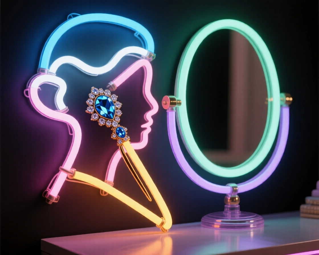 A jeweled hairpin resting beside a hand mirror on a vanity.