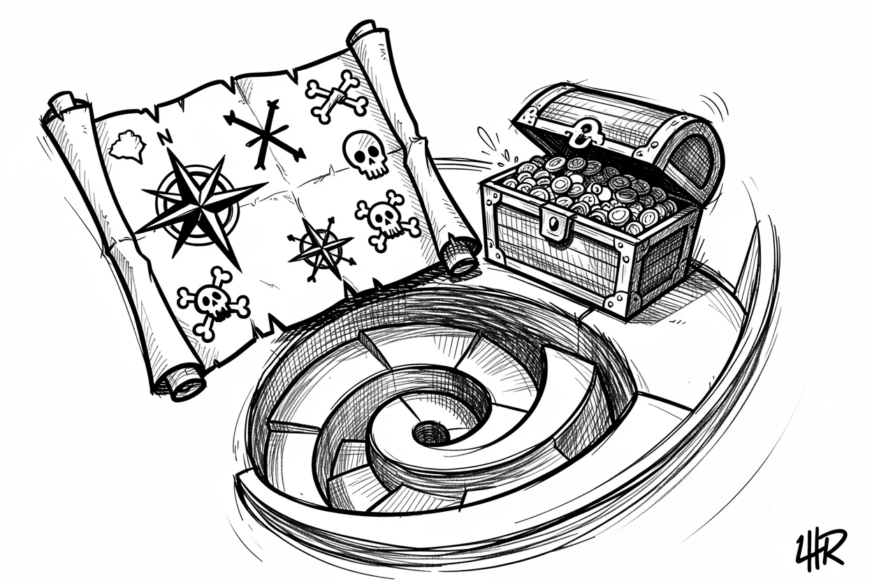 A pirate map spread out beside a treasure chest at the top of a spiral staircase.