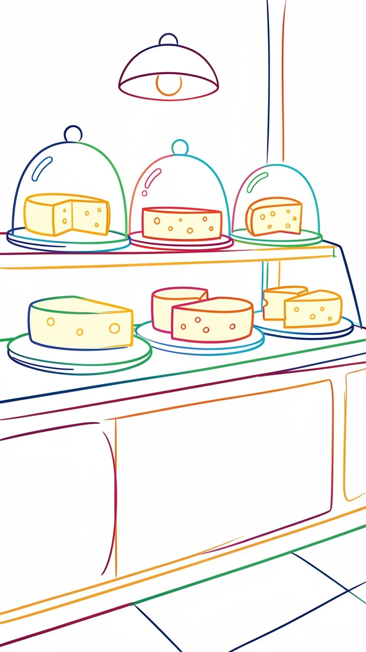 A quiet cheese shop counter with wheels of cheese under glass domes.
