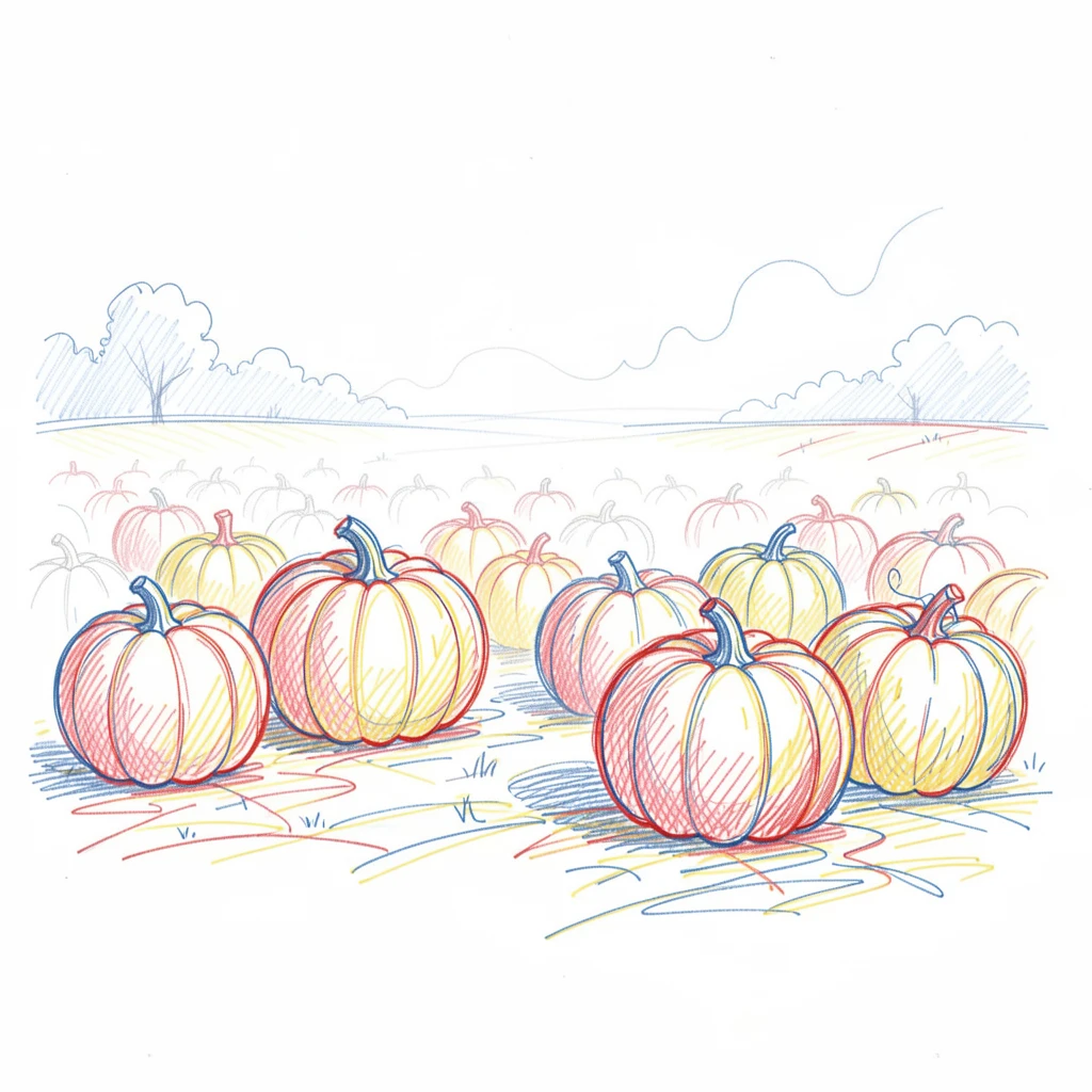 An autumn morning fog rolling gently over a pumpkin patch