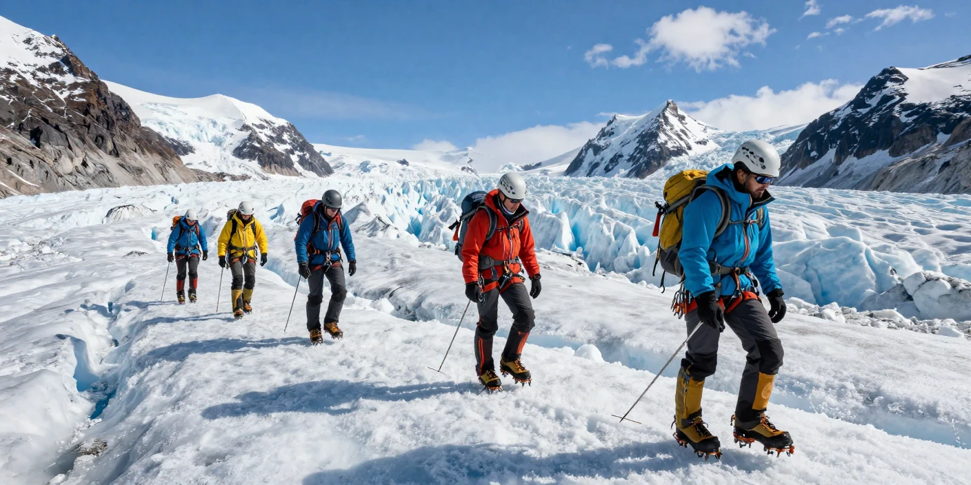 An Alaskan glacier hike with climbers in crampons