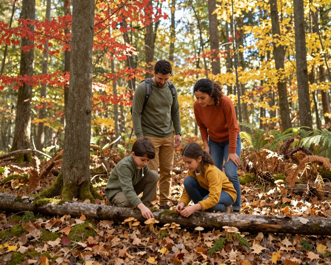 A family forages for mushrooms together in a quiet autumn forest.