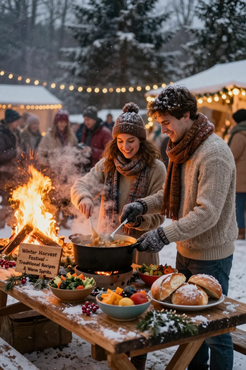 A young couple preparing traditional dishes for a big celebration beside a bonfire during a winter festival