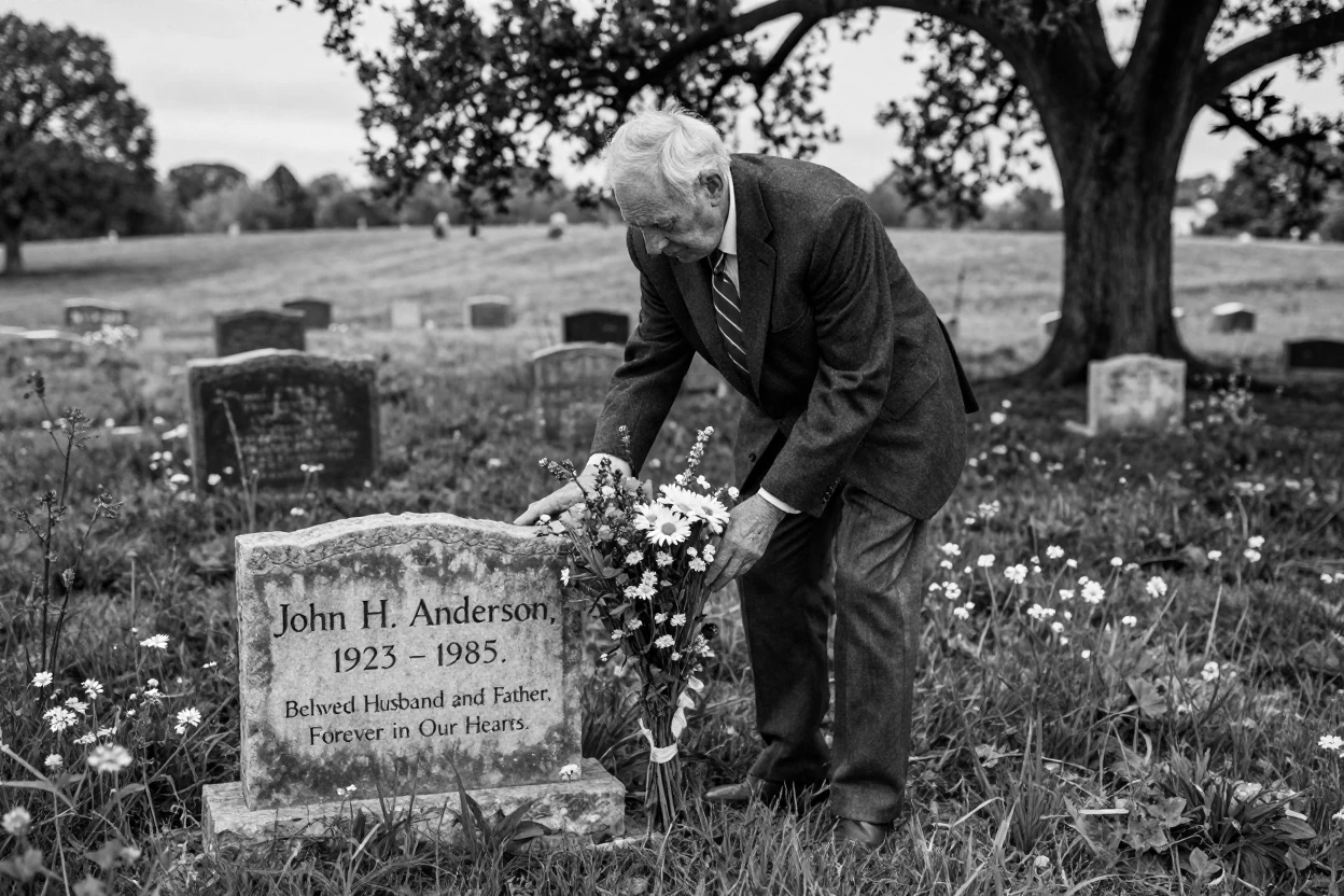 A widower places flowers on a headstone in a quiet countryside cemetery.