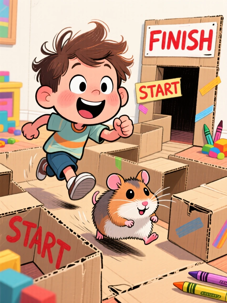 A little boy racing his hamster through a homemade cardboard maze.