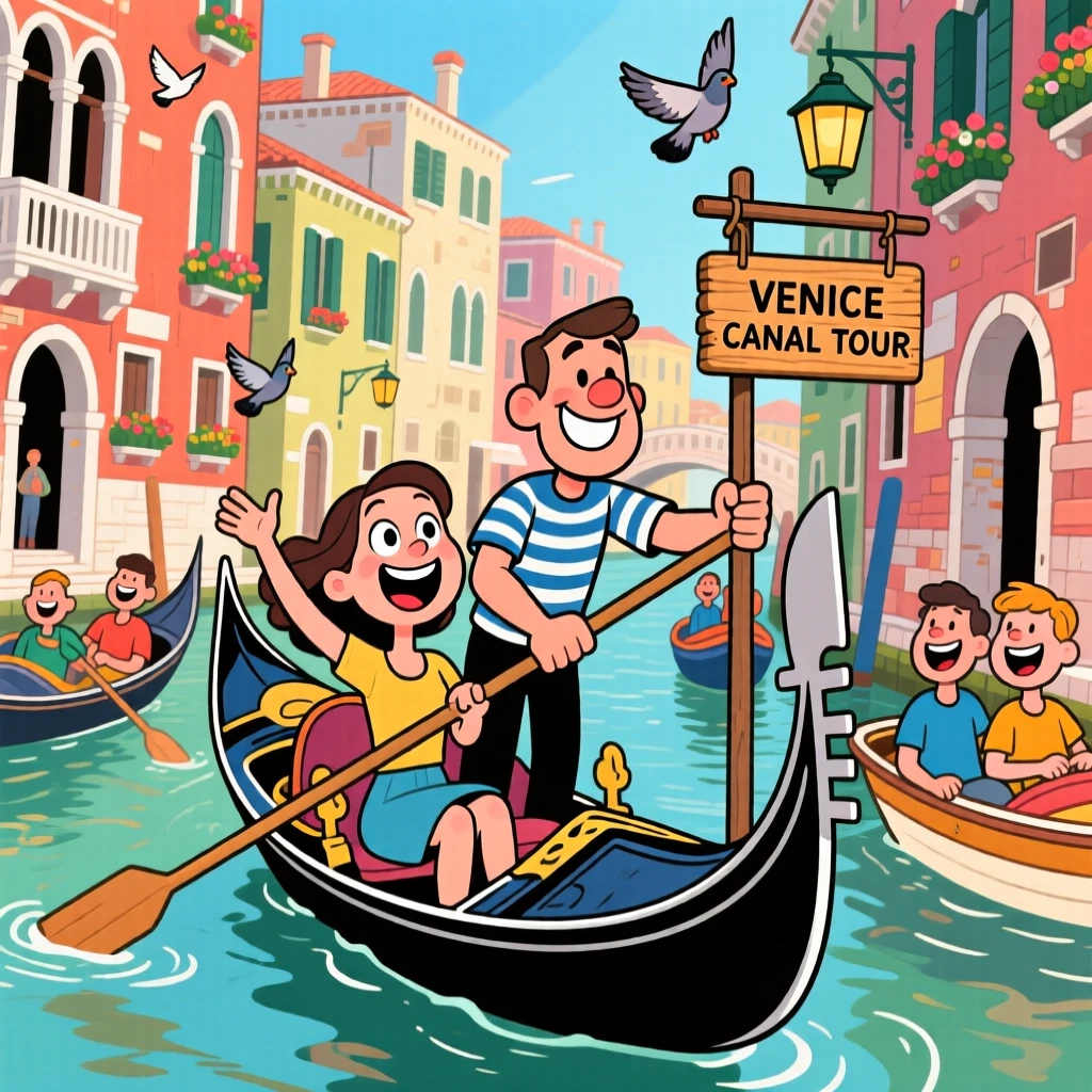 An iconic travel scene featuring a young couple riding a gondola through the canals of Venice, surrounded by cheerful fellow travelers.