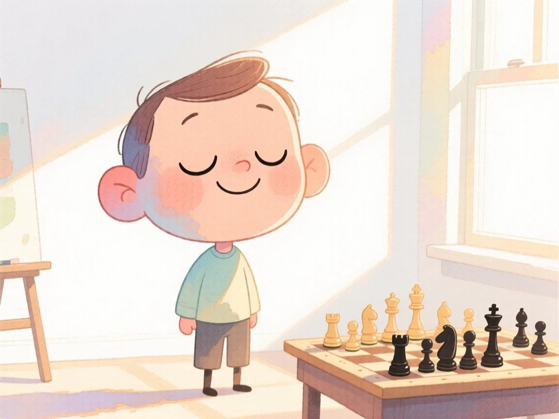 A chess player holding a peaceful pose in a sunlit studio