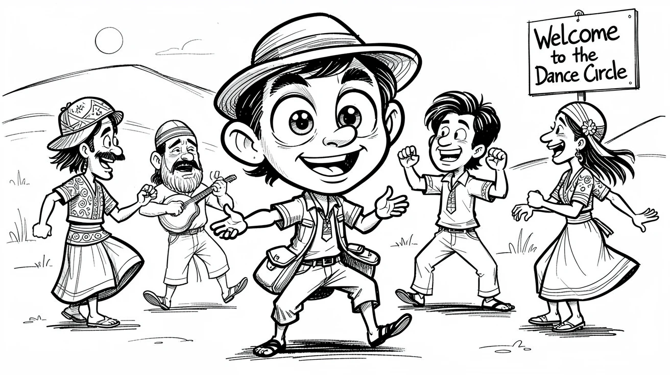 [Travel & Cultural Experiences] Vivid travel scene of a wide-eyed road tripper learning a traditional dance from locals, full of wonder and adventure