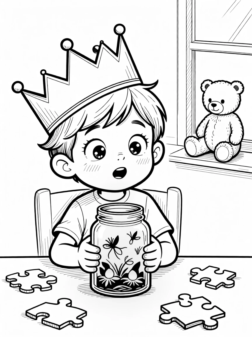 A child staring in wonder at a jar of fireflies, tilting the crown that keeps slipping over one eye, set at a table scattered with puzzle pieces. A stuffed bear watches from a nearby windowsill. The image radiates the carefree magic of being young.
