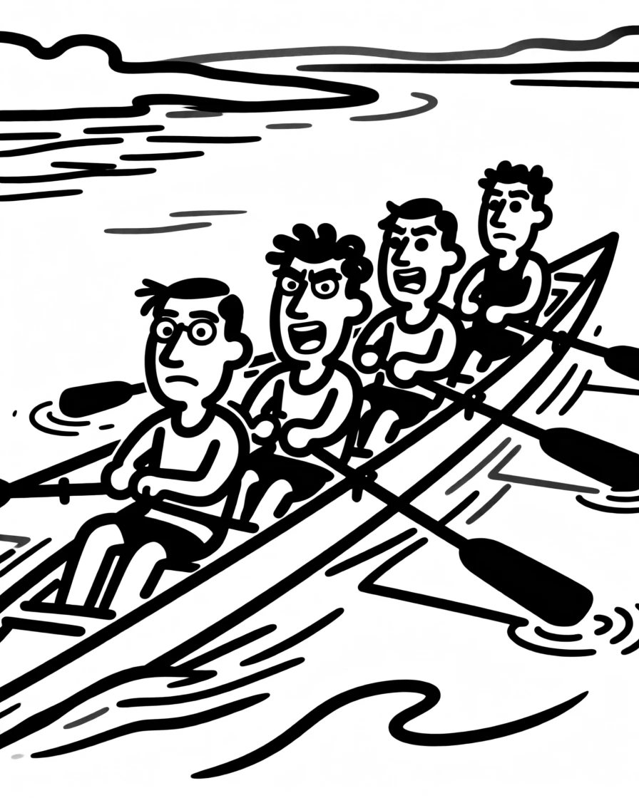 A rowing team pulling in perfect unison across a calm morning river.