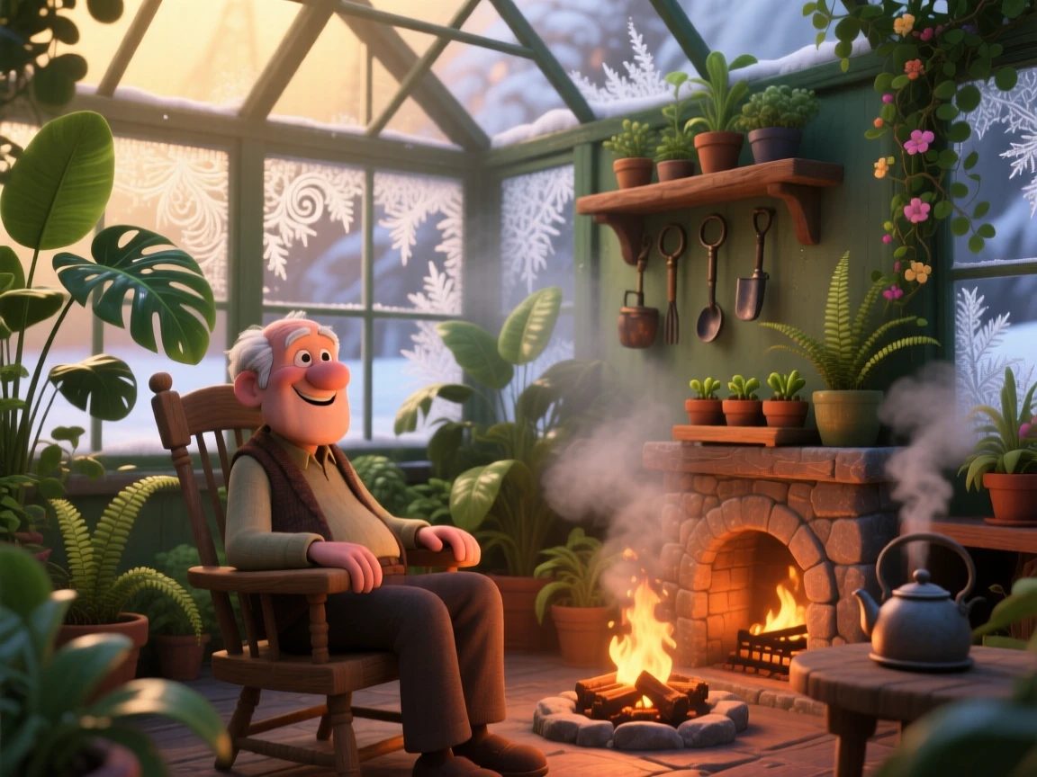 An elderly man with a warm smile sits in a greenhouse filled with steam and plants, listening to the crackle of the fire. A feeling of safety and slow relaxation lingers here, with frost patterns tracing the windowpane.