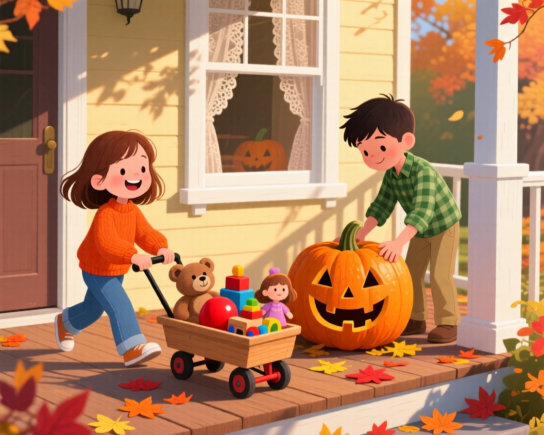 A girl with a wagon full of toys and her older brother are carving a jack-o'-lantern on the porch, as golden afternoon light streams through the window.
