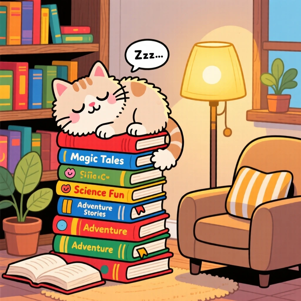 A quiet reading corner with a cat asleep atop a pile of books.