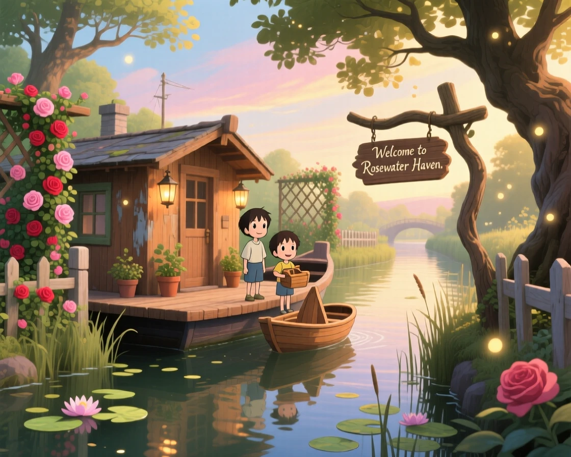 A charming view of a houseboat moored along a tranquil canal, surrounded by climbing roses and untamed gardens.