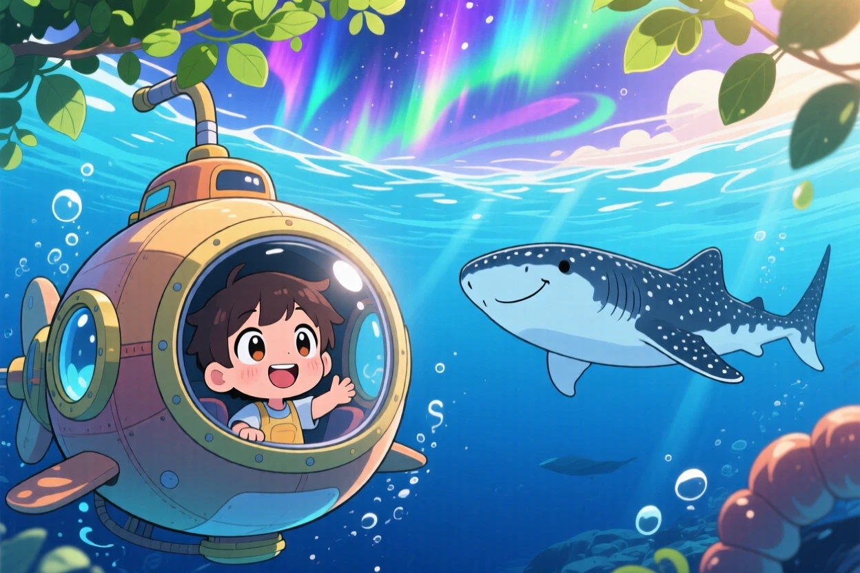 A small child in a submarine spotting a gentle whale shark, framed as a worm's-eye view within the deep blue open ocean, beneath swirling aurora-lit skies, glowing under warm morning light filtering through leaves, evoking triumphant pride.