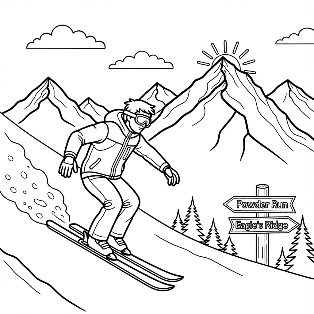 A skier carving fresh powder down a steep slope, with jagged peaks rising in the background.