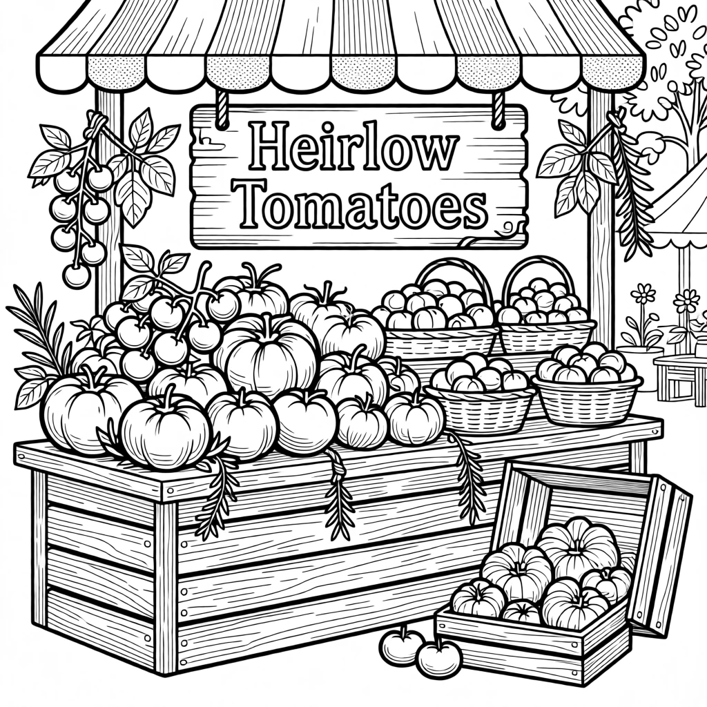 A farmers market tomato stall piled high with heirloom varieties.