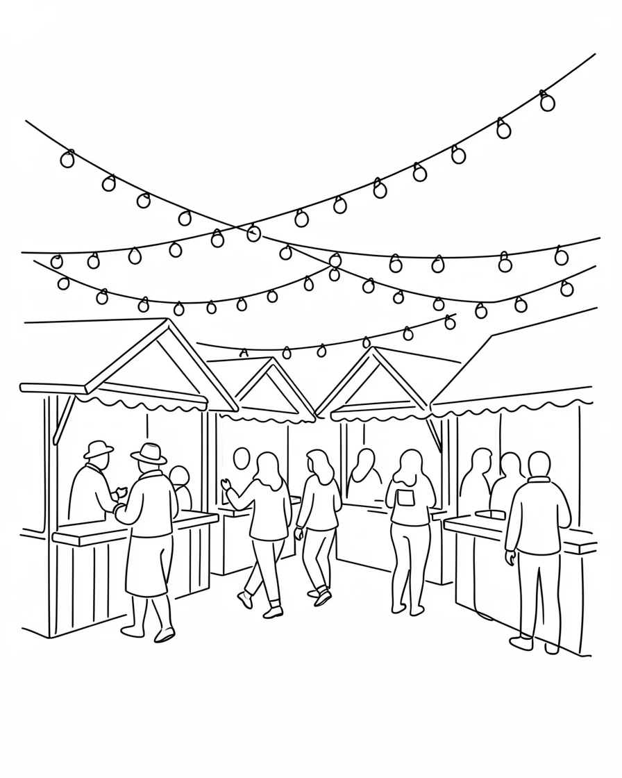A Christmas market square filled with wooden stalls and twinkling lights