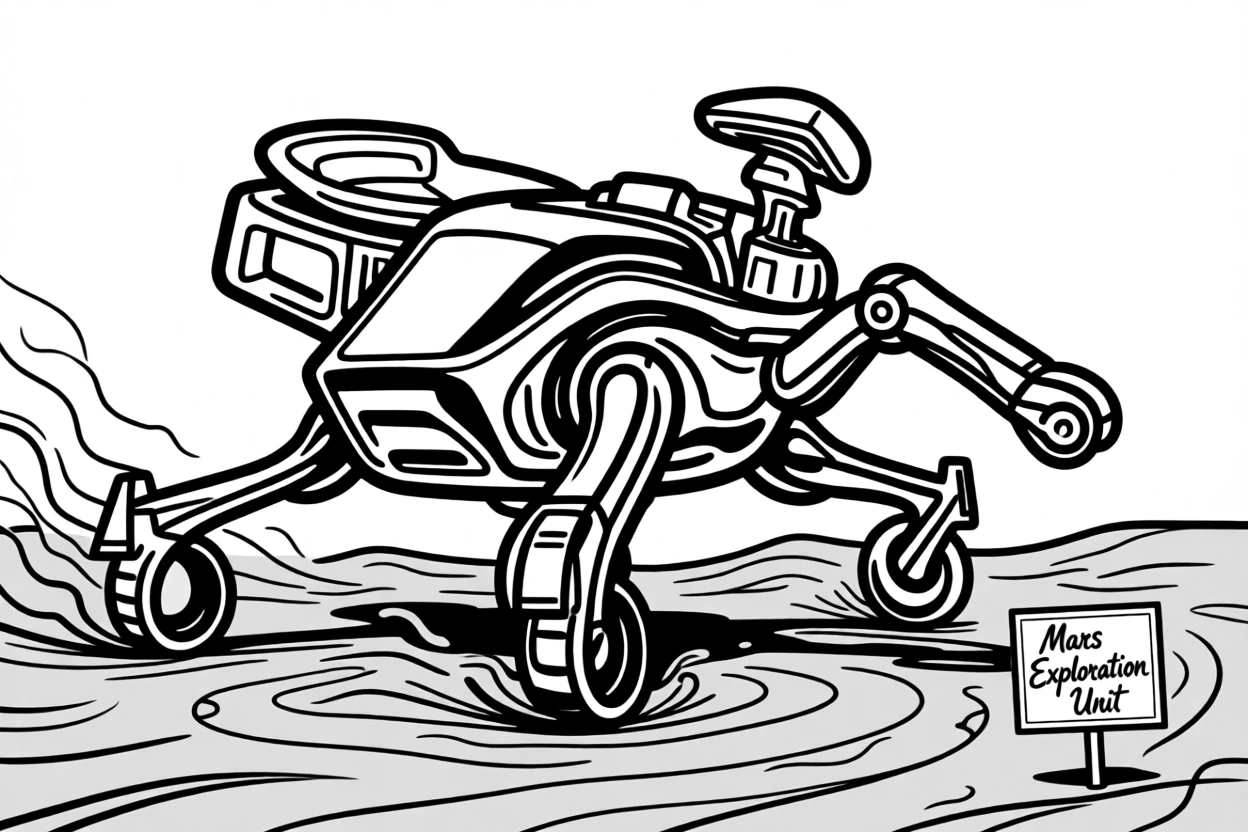 A futuristic robot rover exploring the red dusty surface of Mars.