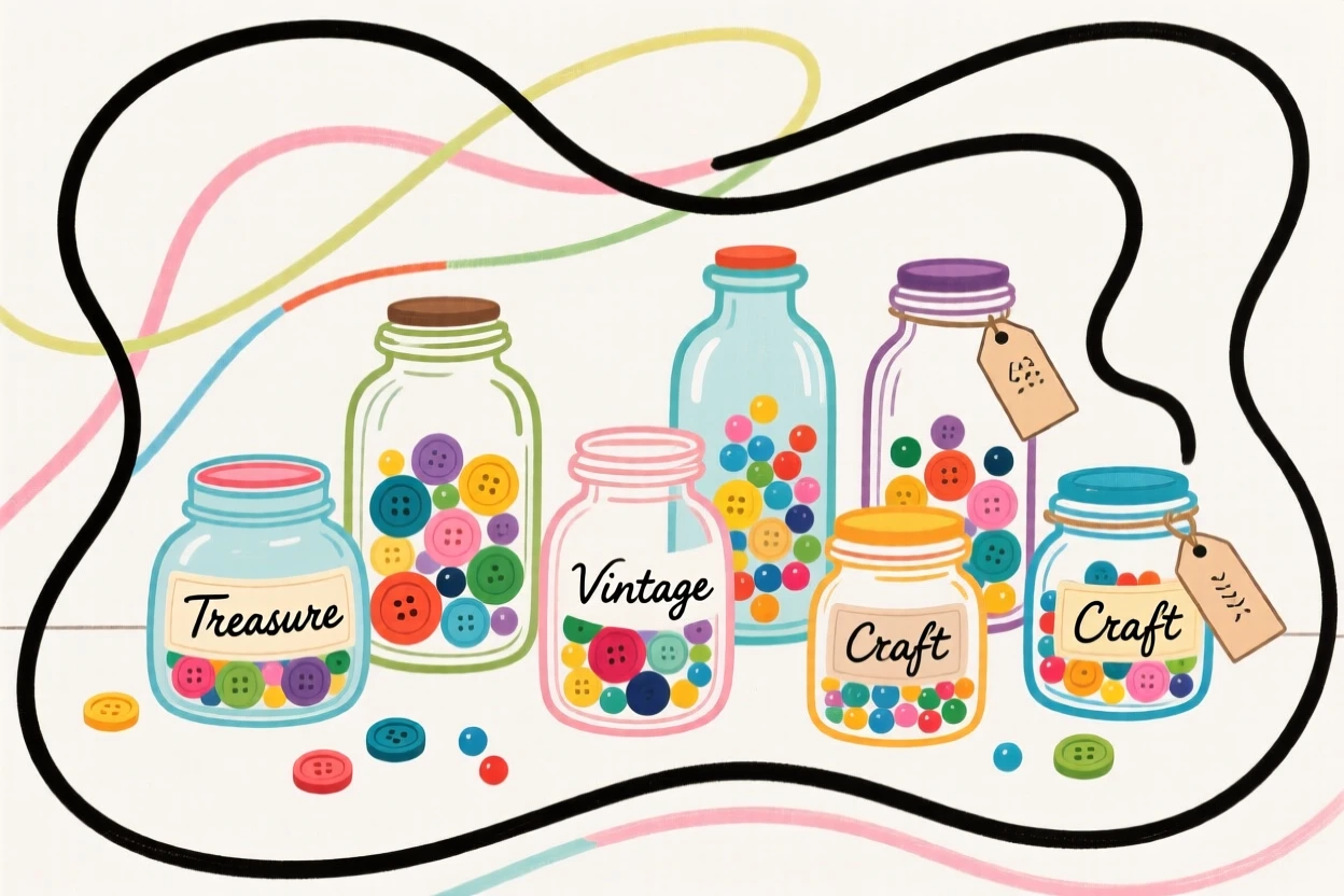 A collection of colorful glass jars filled with buttons and beads.