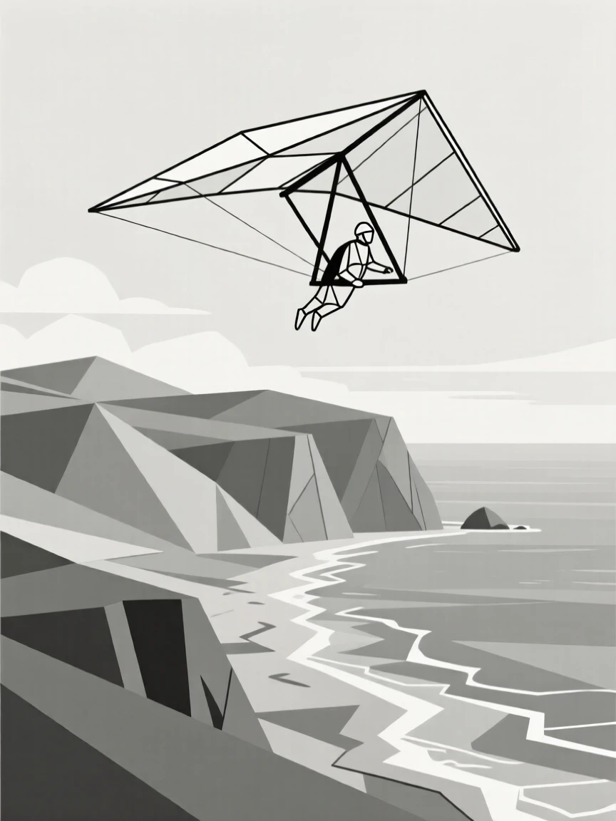 A hang glider soaring above a coastal valley