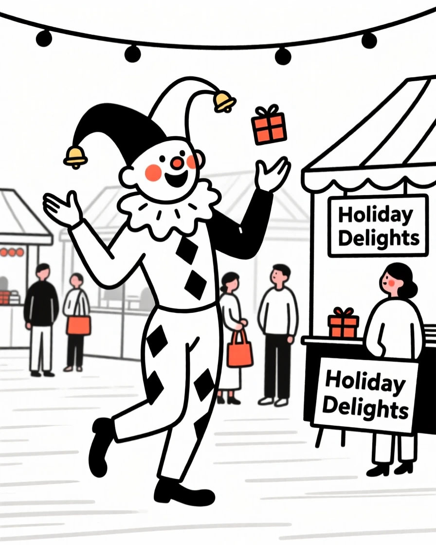 A court jester mid-performance, at a bustling holiday market.