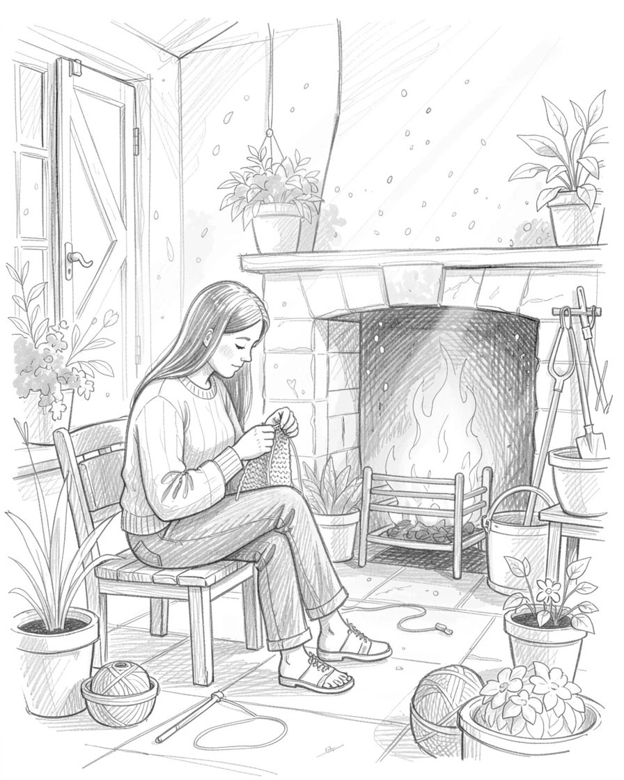 A knitter working by a warm fireplace, in a peaceful garden studio, with spray catching the sunlight.