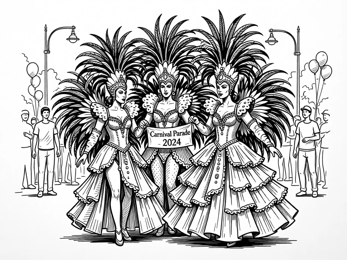 A vibrant carnival parade with elaborate costumes and feathered headdresses.