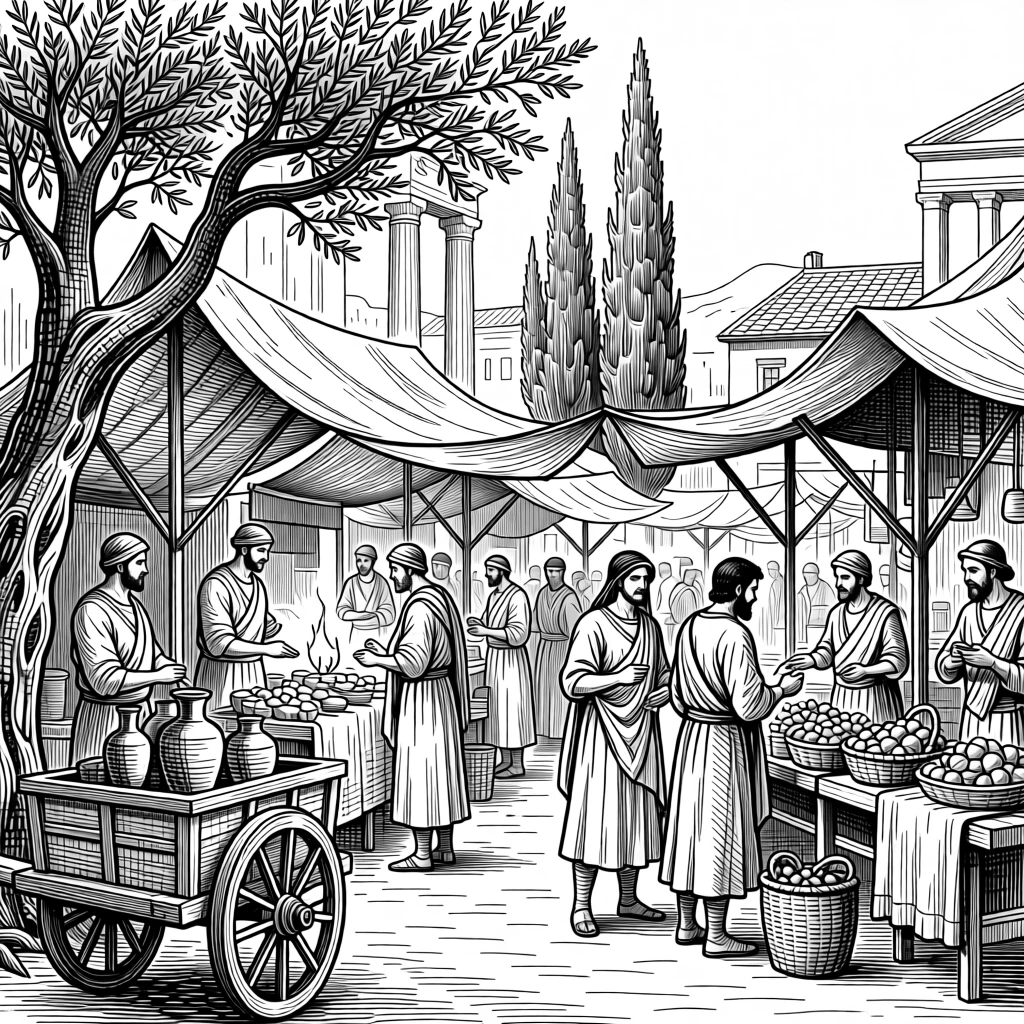 An ancient roman marketplace bustling with traders beneath the shade of ancient trees, with the glow of firelight on weathered faces, portrayed in a quietly majestic historical scene.